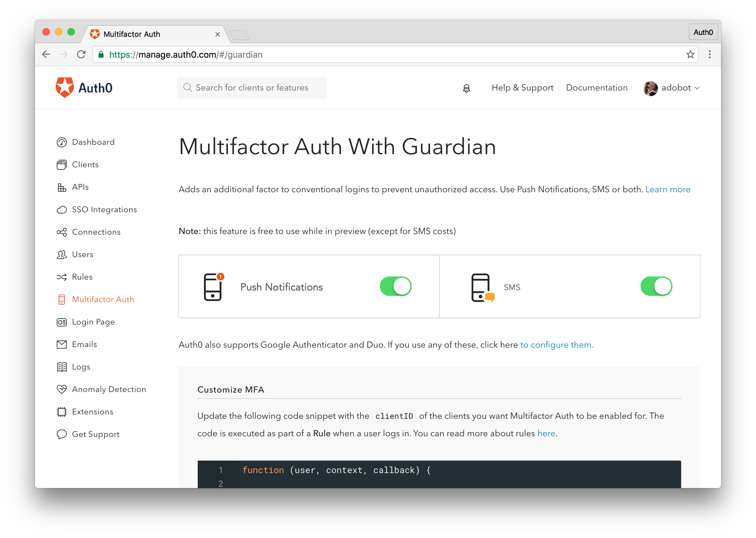 Enable Multifactor Authentication with Guardian